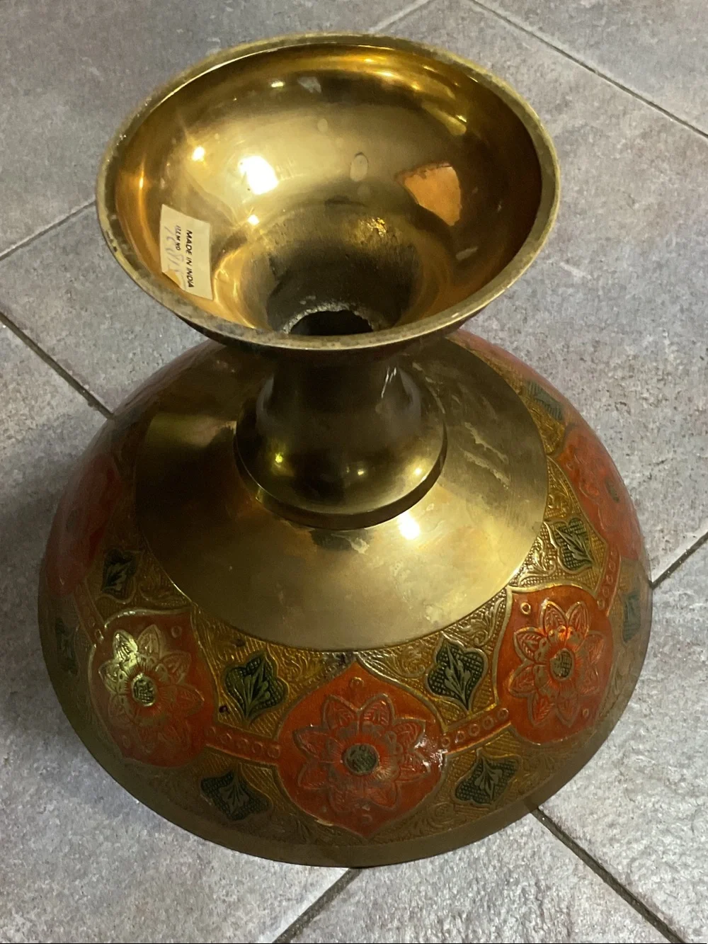 Decorative Brass Pedestal Bowl with Red and Green Enamel